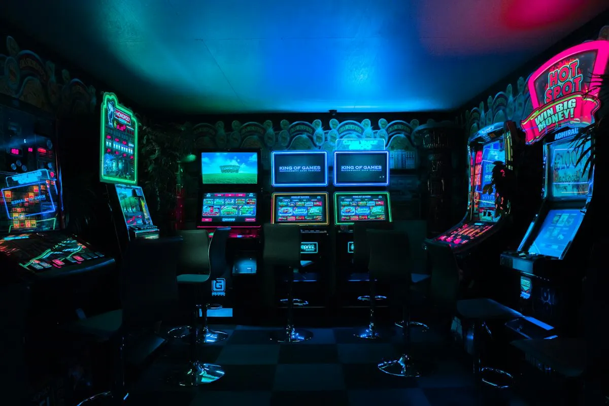 Blue-lit entertainment floor prepared for guests