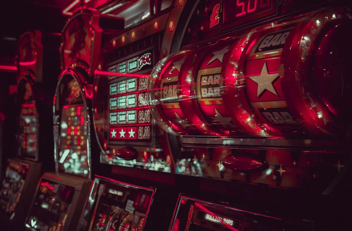 Decorative event gaming area in red ambient lighting